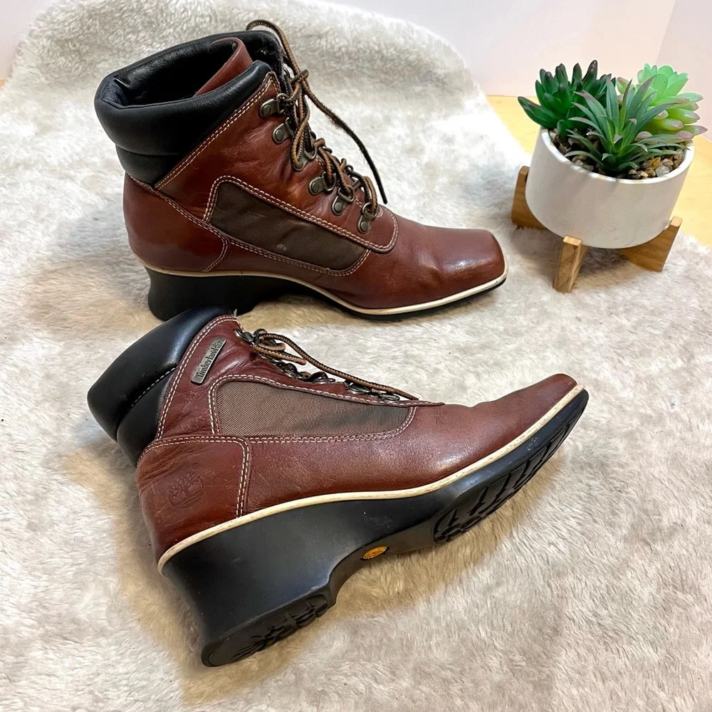 *๐HP ๐ Timberland | Brown Leather Square Toe Lace-Up Wedge Boots Size 6.5 - Picture 5 of 10